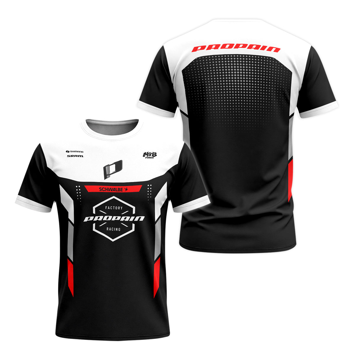 Propain Factory Racing MTB Black White Red Youth Short Sleeve Mountain Bike Jersey – Front and Back View