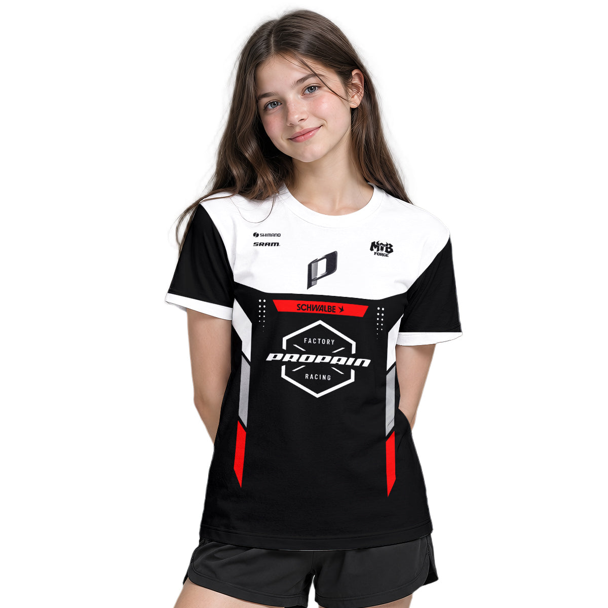 Propain Factory Racing MTB Black White Red Youth Short Sleeve Mountain Bike Jersey – Girl Lifestyle View