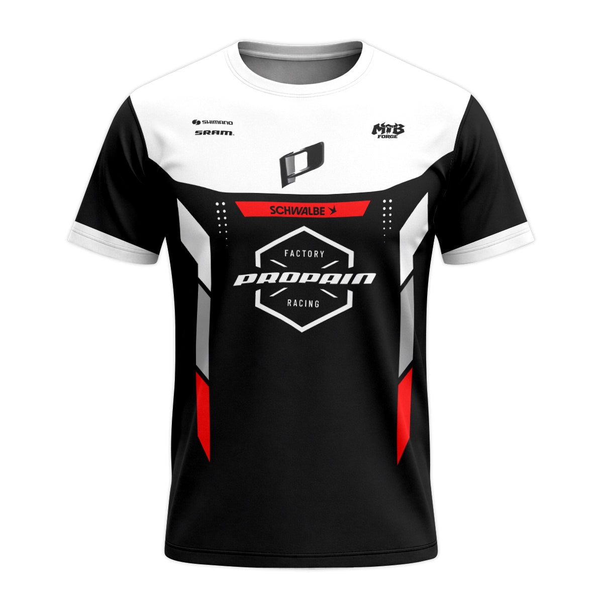 Propain Factory Racing MTB Black White Red Youth Short Sleeve Mountain Bike Jersey – Front View Mockup