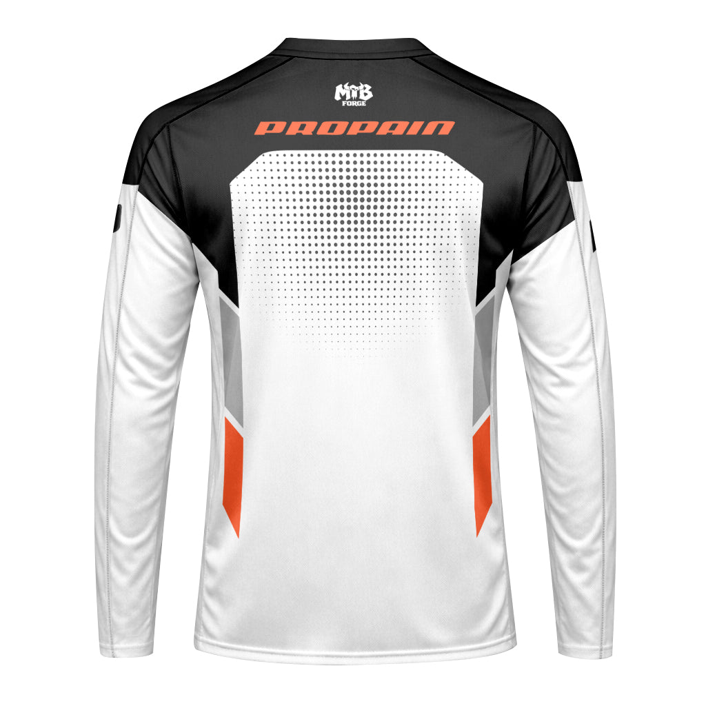 Propain Factory Racing MTB White Orange Youth Long Sleeve Mountain Bike Jersey – Back View Mockup