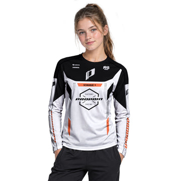 Propain Factory Racing MTB White Orange Youth Long Sleeve Mountain Bike Jersey – Girl Lifestyle View