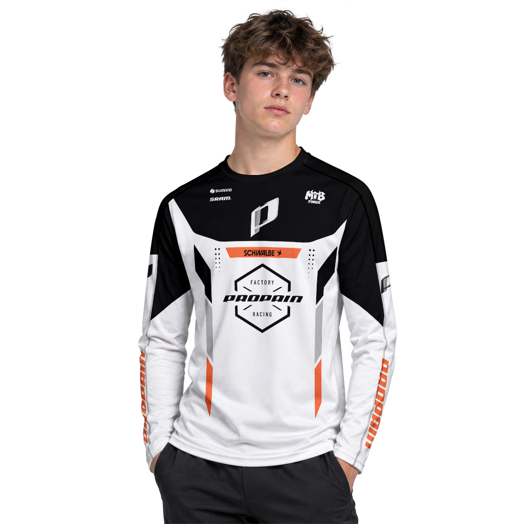 Propain Factory Racing MTB White Orange Youth Long Sleeve Mountain Bike Jersey – Boy Lifestyle View
