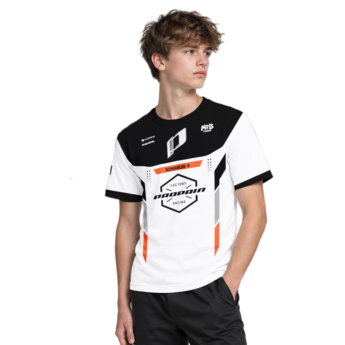 Propain Factory Racing MTB White Orange Youth Short Sleeve Mountain Bike Jersey – Boy Lifestyle View