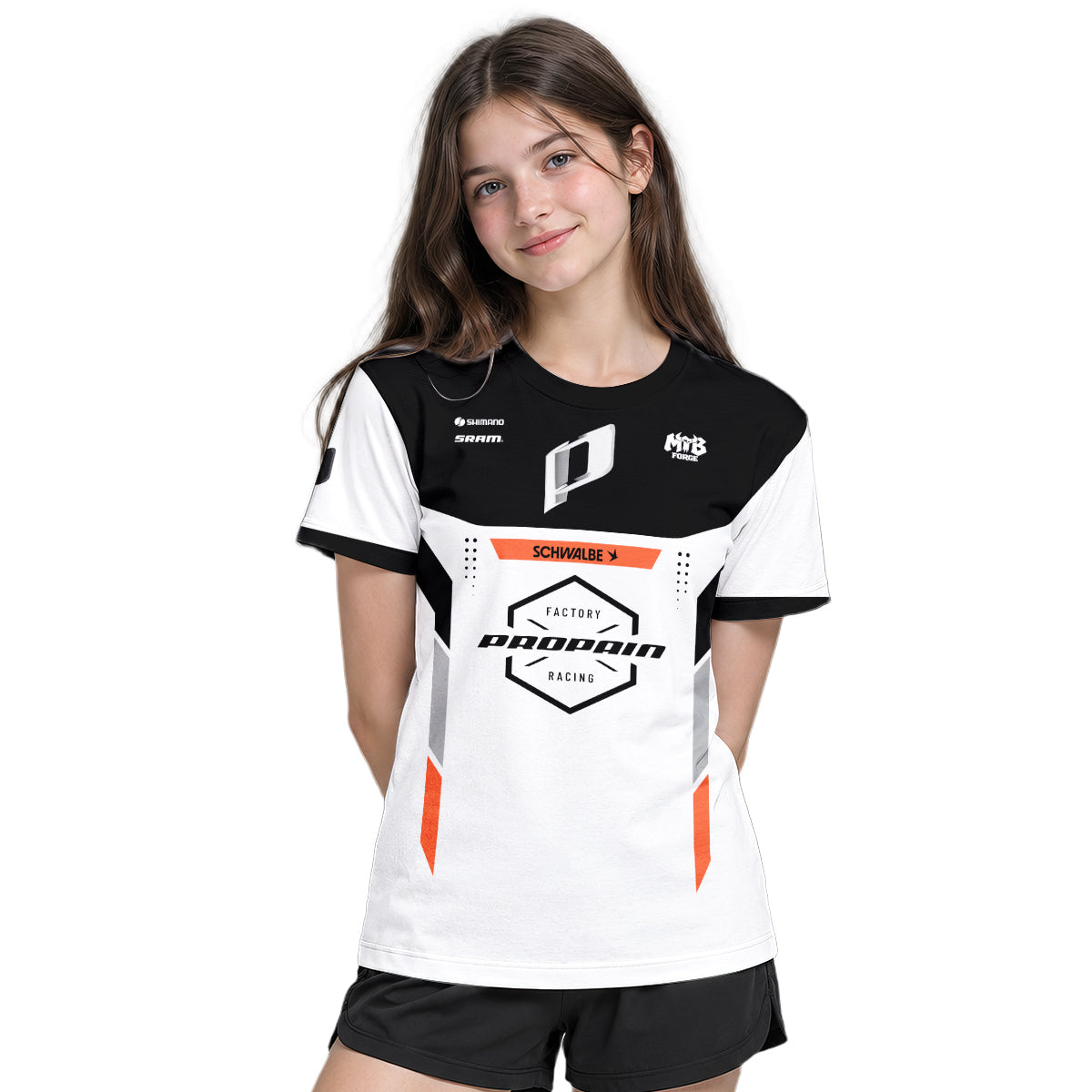 Propain Factory Racing MTB White Orange Youth Short Sleeve Mountain Bike Jersey – Girl Lifestyle View