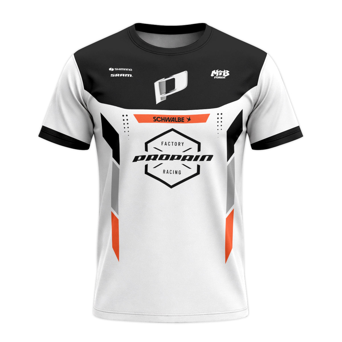 Propain Factory Racing MTB White Orange Youth Short Sleeve Mountain Bike Jersey – Front View Mockup