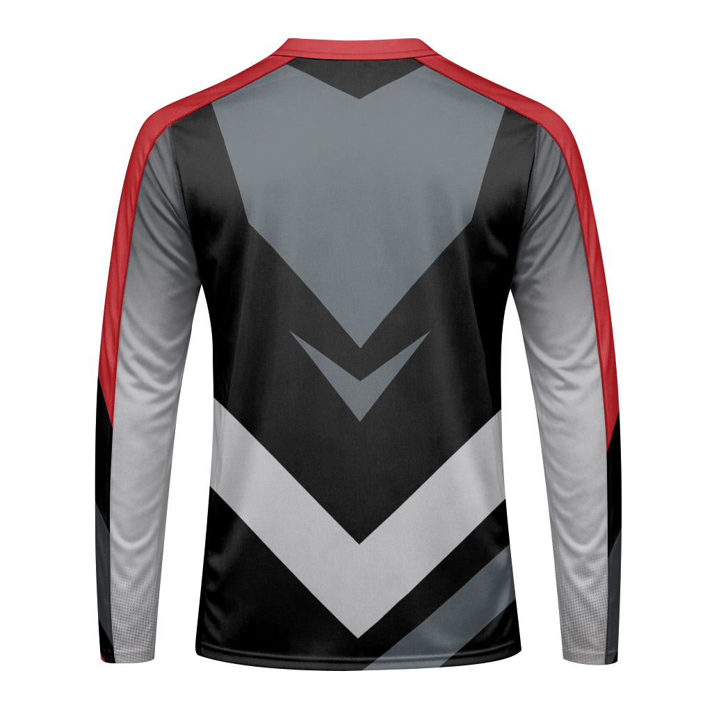 Red Black Gray Geometric Long Sleeve Mountain Bike Jersey – Back View Mockup