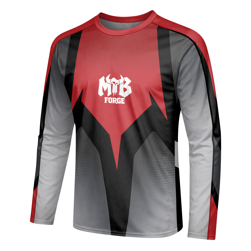 Red Black Gray Geometric Long Sleeve Mountain Bike Jersey – Left Side View Mockup