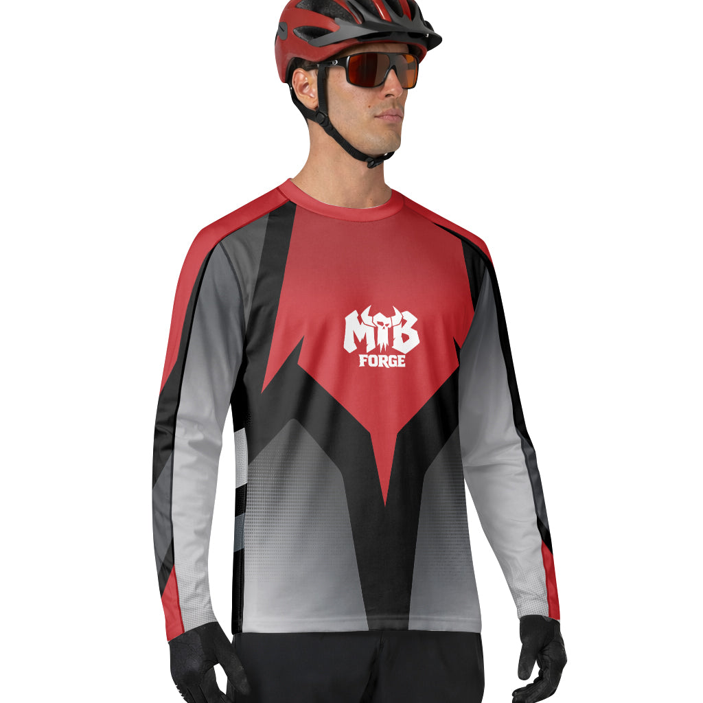 Red Black Gray Geometric Long Sleeve Mountain Bike Jersey – Lifestyle View
