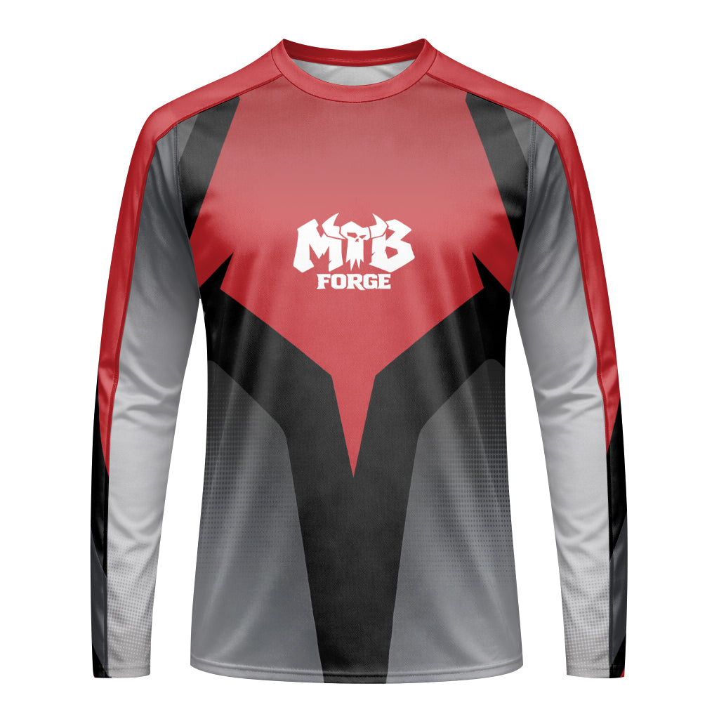 Red Black Gray Geometric Youth Long Sleeve Mountain Bike Jersey – Front View Mockup