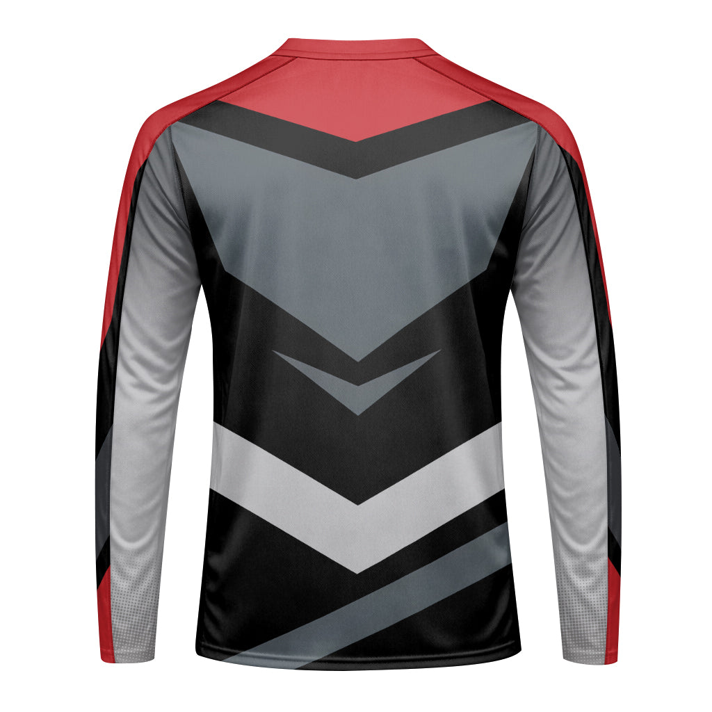 Red Black Gray Geometric Youth Long Sleeve Mountain Bike Jersey – Back View Mockup