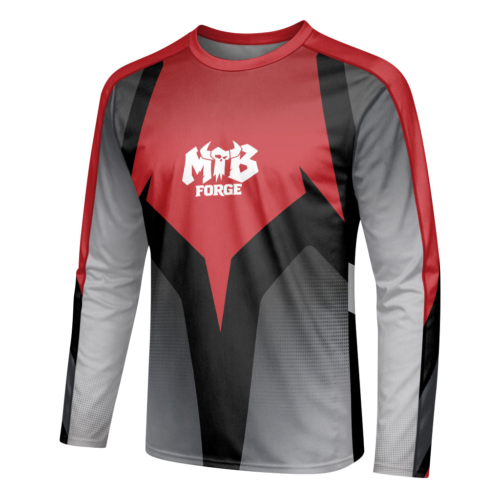 Red Black Gray Geometric Youth Long Sleeve Mountain Bike Jersey – Left Side View Mockup