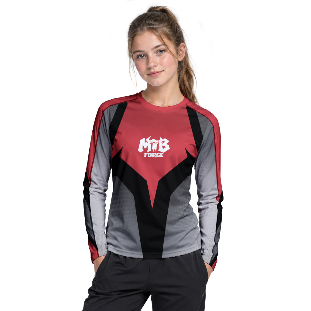 Red Black Gray Geometric Youth Long Sleeve Mountain Bike Jersey – Girl Lifestyle View