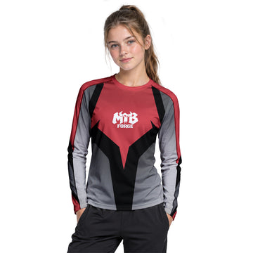 Red Black Gray Geometric Youth Long Sleeve Mountain Bike Jersey – Girl Lifestyle View
