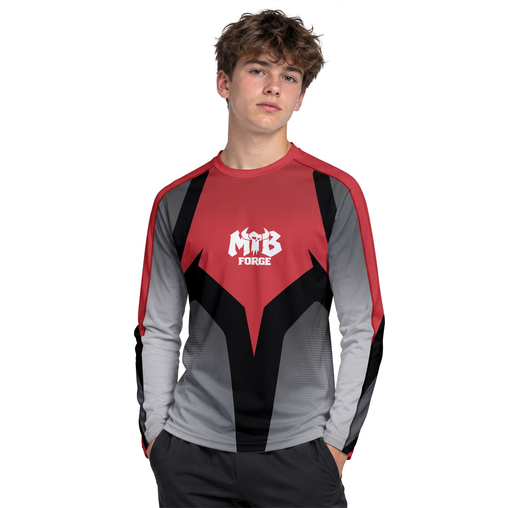 Red Black Gray Geometric Youth Long Sleeve Mountain Bike Jersey – Boy Lifestyle View