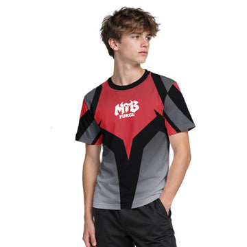 Red Black Gray Geometric Youth Short Sleeve Mountain Bike Jersey – Boy Lifestyle View