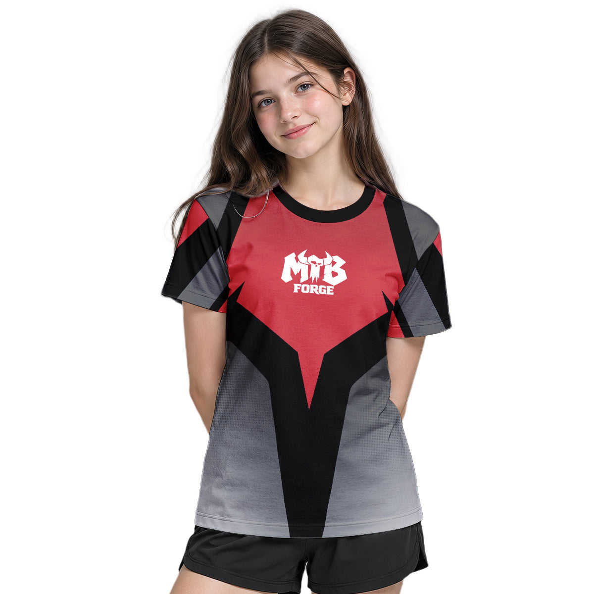 Red Black Gray Geometric Youth Short Sleeve Mountain Bike Jersey – Girl Lifestyle View
