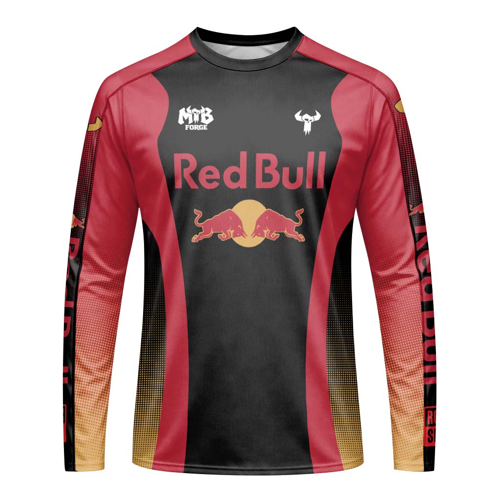 Red Bull Black Red Factory Race Long Sleeve Mountain Bike Jersey – Front View Mockup