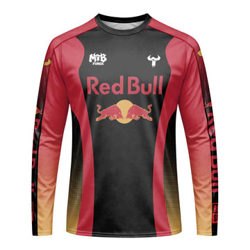 Red Bull Black Red Factory Race Long Sleeve Mountain Bike Jersey – Front View Mockup