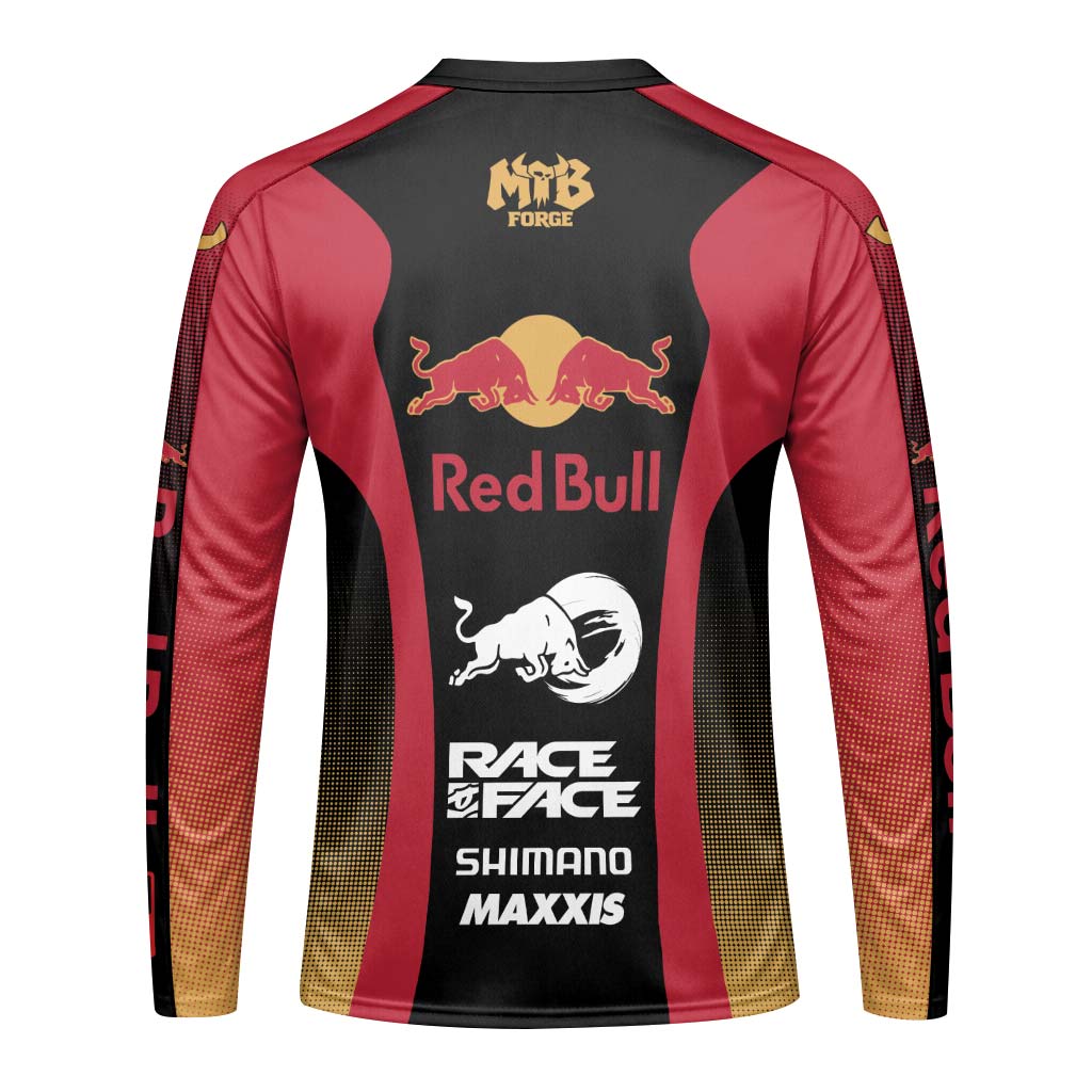 Red Bull Black Red Factory Race Long Sleeve Mountain Bike Jersey – Back View Mockup
