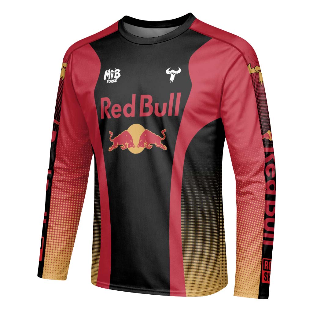 Red Bull Black Red Factory Race Long Sleeve Mountain Bike Jersey – Left Side View Mockup