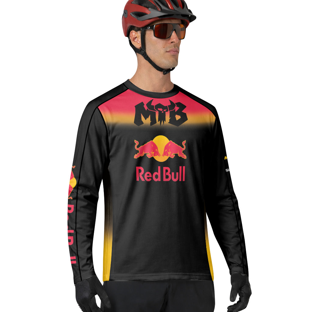 Red Bull Black Red Gradient Long Sleeve Mountain Bike Jersey – Lifestyle View