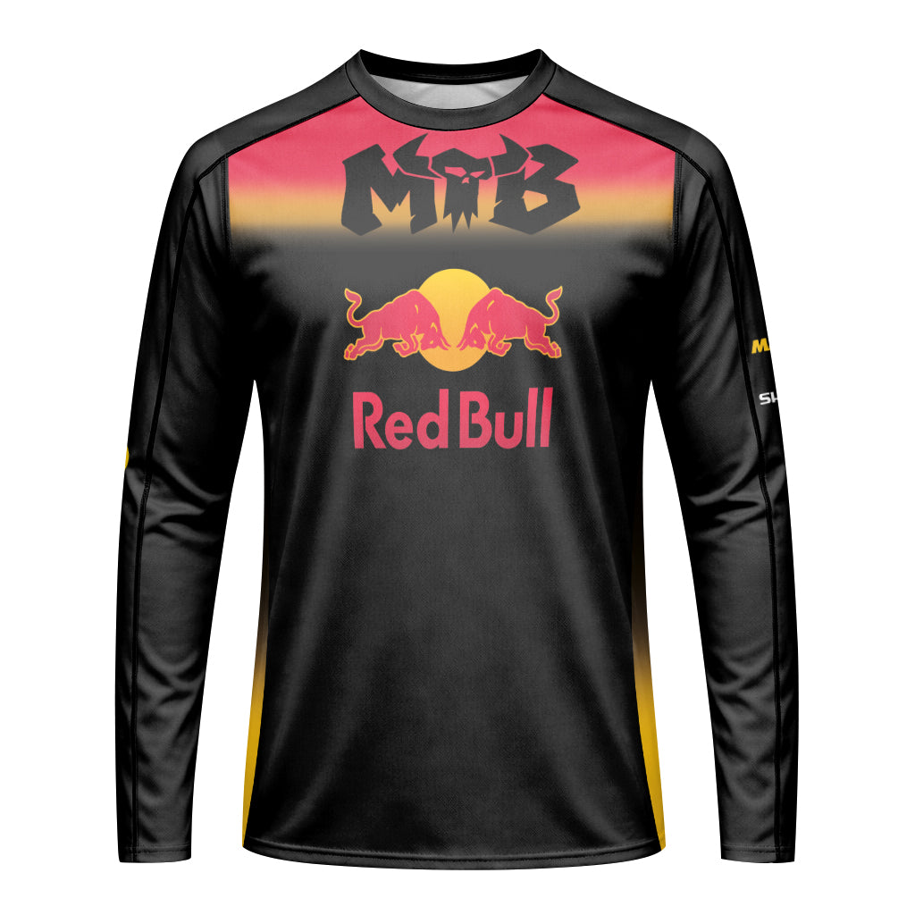 Red Bull Black Red Gradient Long Sleeve Mountain Bike Jersey – Front View Mockup