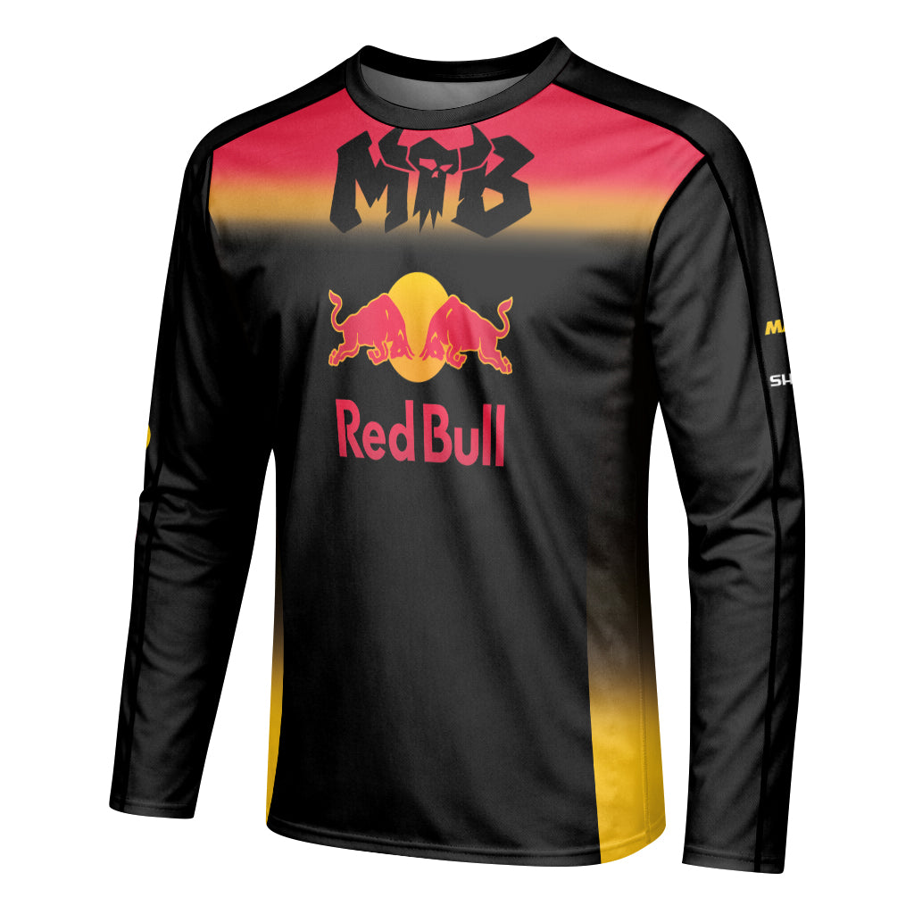 Red Bull Black Red Gradient Long Sleeve Mountain Bike Jersey – Left Side View Mockup