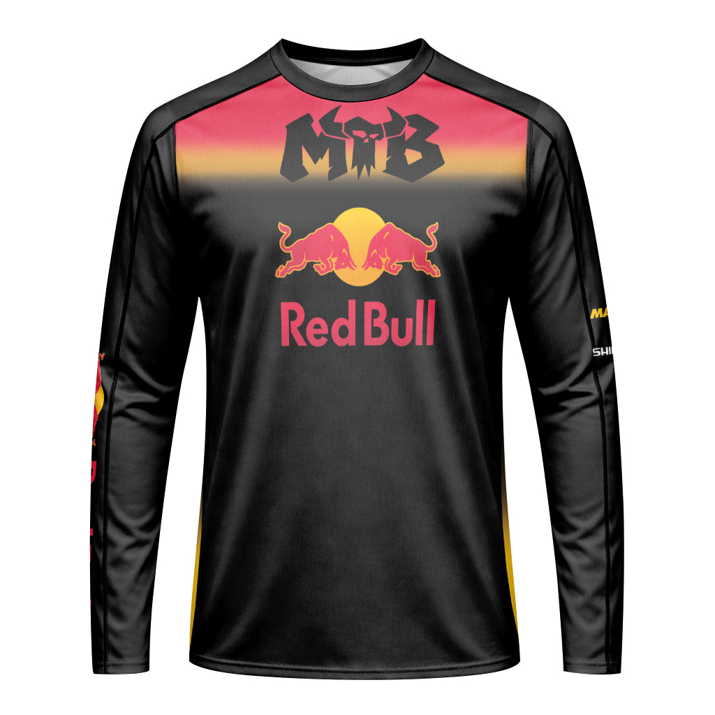 Red Bull Black Red Gradient Youth Long Sleeve Mountain Bike Jersey – Front View Mockup