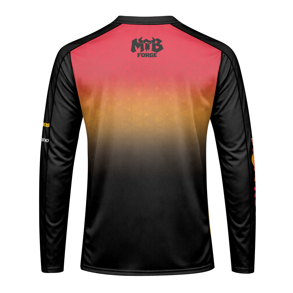 Red Bull Black Red Gradient Youth Long Sleeve Mountain Bike Jersey – Back View Mockup