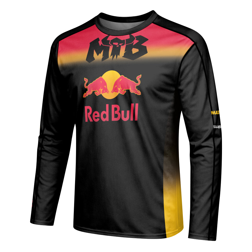 Red Bull Black Red Gradient Youth Long Sleeve Mountain Bike Jersey – Left Side View Mockup