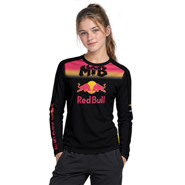 Red Bull Black Red Gradient Youth Long Sleeve Mountain Bike Jersey – Girl Lifestyle View