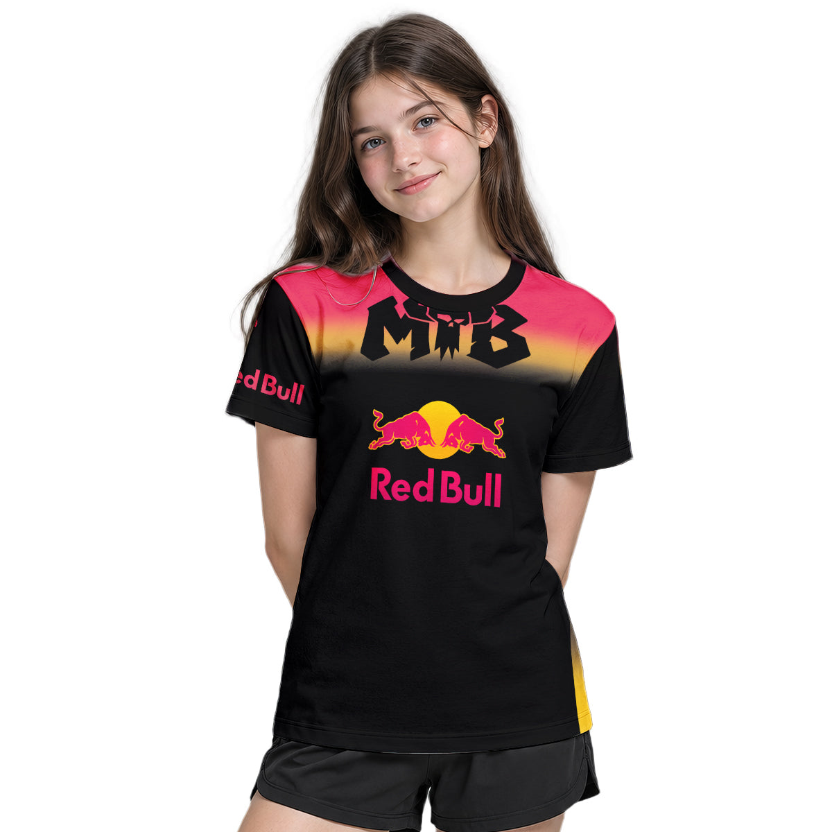Red Bull Black Red Gradient Youth Short Sleeve Mountain Bike Jersey – Girl Lifestyle View