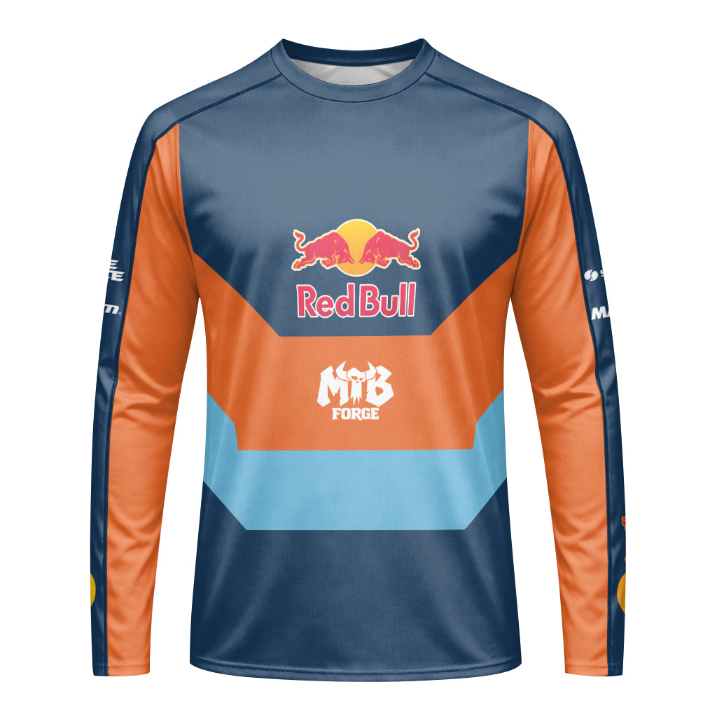 Red Bull Blue Orange Color Block Long Sleeve Mountain Bike Jersey – Front View Mockup