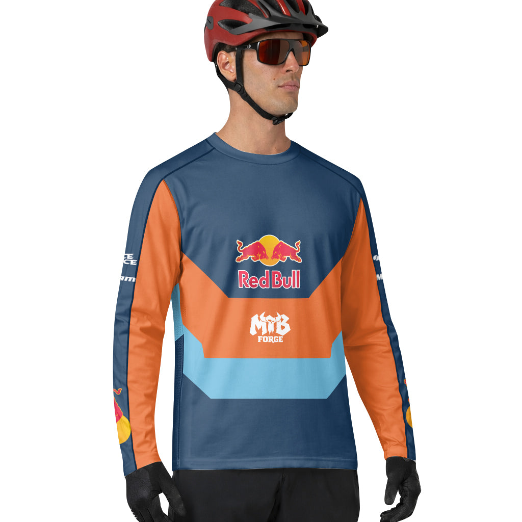 Red Bull Blue Orange Color Block Long Sleeve Mountain Bike Jersey – Lifestyle View