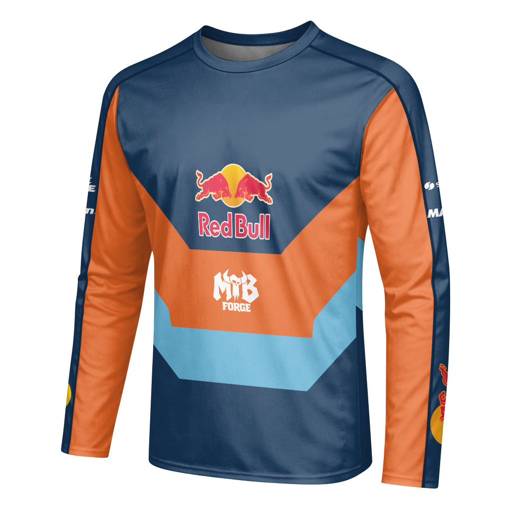 Red Bull Blue Orange Color Block Long Sleeve Mountain Bike Jersey – Left Side View Mockup