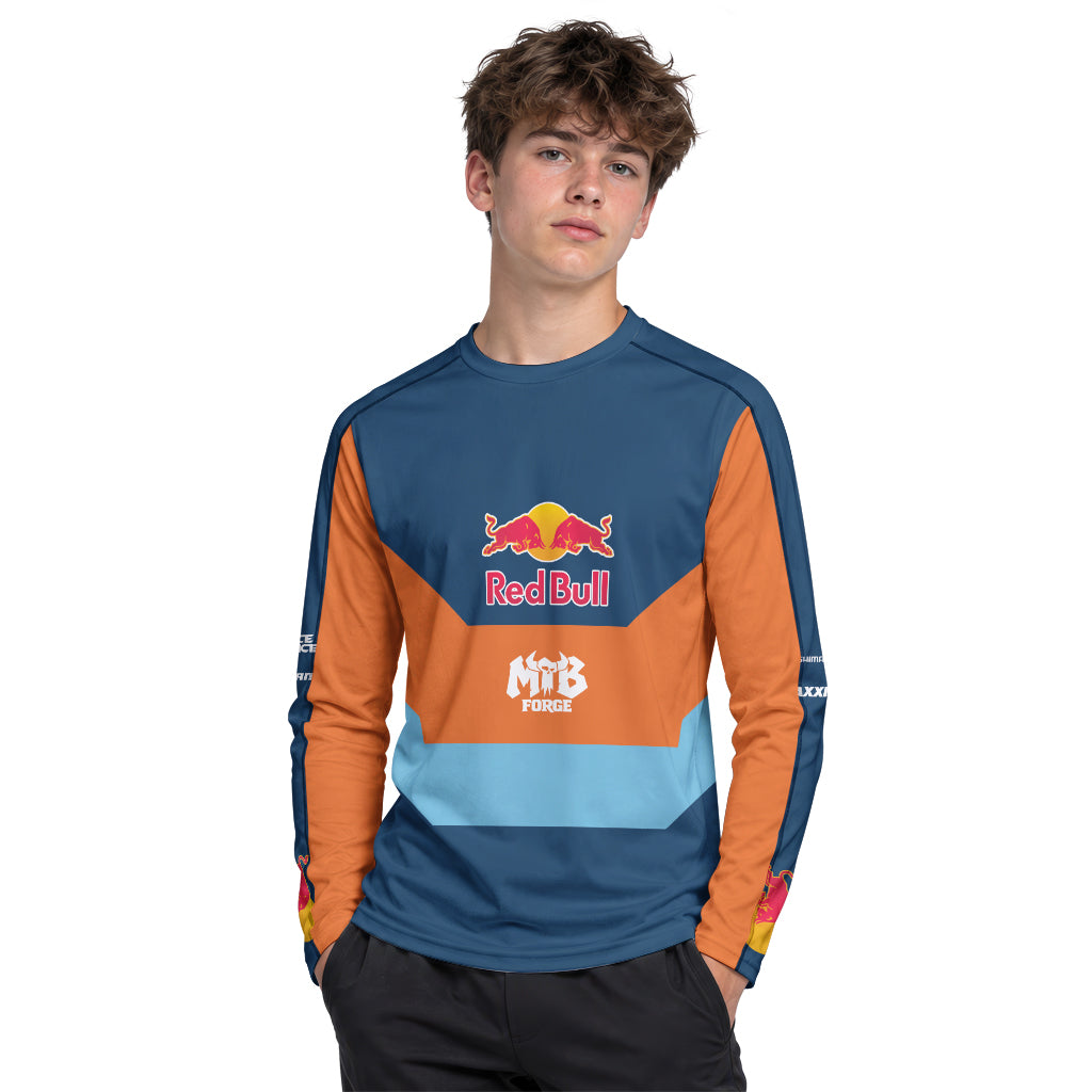 Red Bull Blue Orange Color Block Youth Long Sleeve Mountain Bike Jersey – Boy Lifestyle View