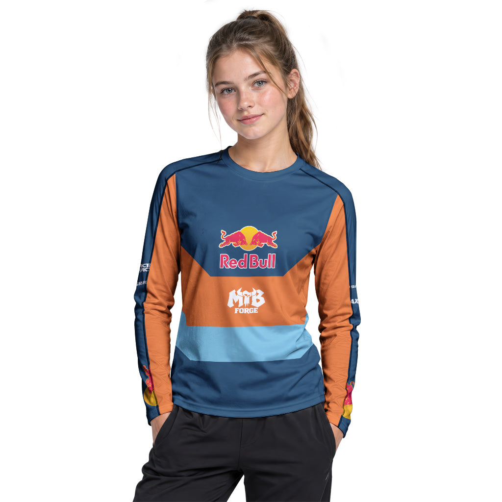 Red Bull Blue Orange Color Block Youth Long Sleeve Mountain Bike Jersey – Girl Lifestyle View