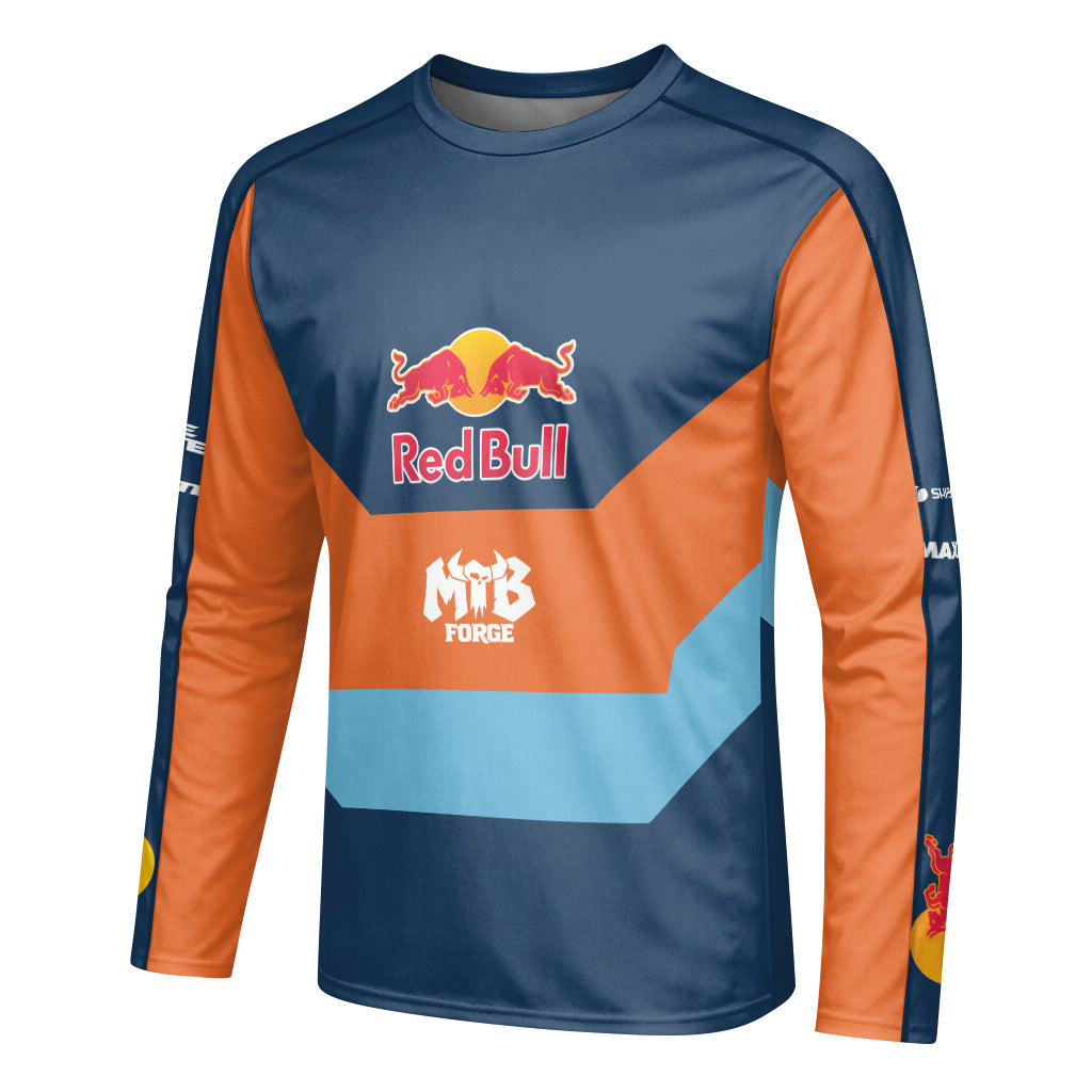 Red Bull Blue Orange Color Block Youth Long Sleeve Mountain Bike Jersey – Left Side View Mockup