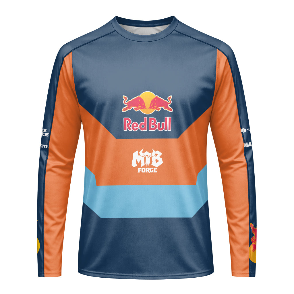 Red Bull Blue Orange Color Block Youth Long Sleeve Mountain Bike Jersey – Front View Mockup