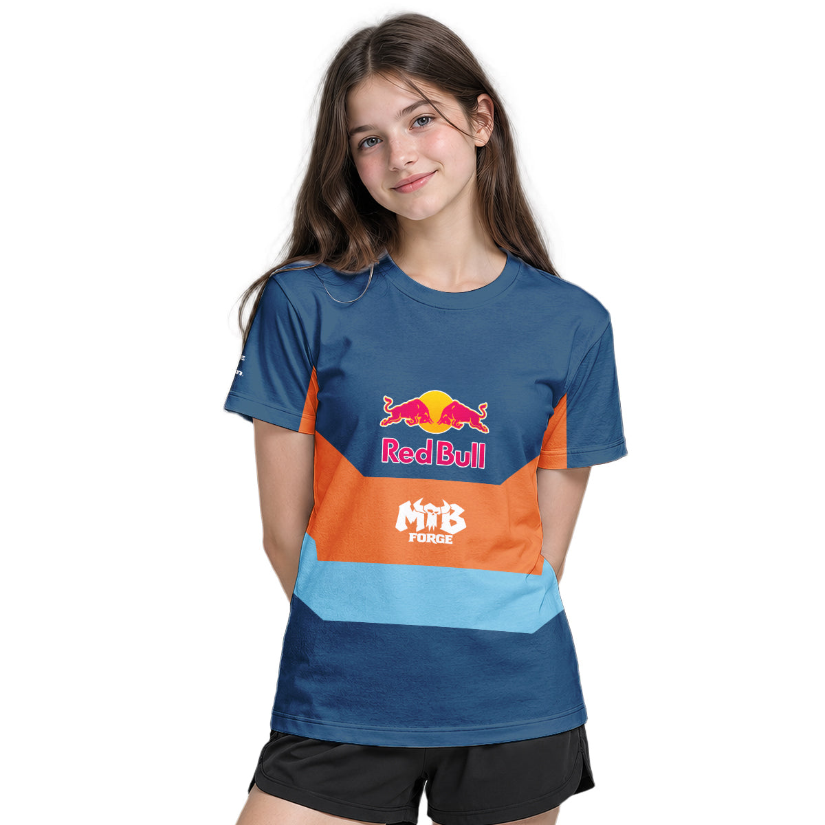 Red Bull Blue Orange Color Block Youth Short Sleeve Mountain Bike Jersey – Girl Lifestyle View