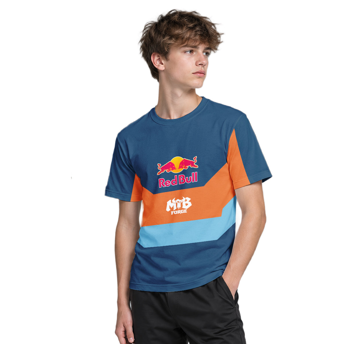 Red Bull Blue Orange Color Block Youth Short Sleeve Mountain Bike Jersey – Boy Lifestyle View