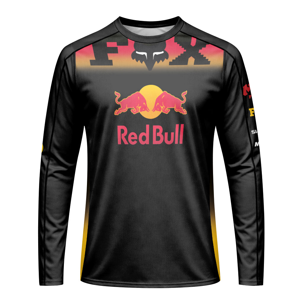 Red Bull Fox Black Red Long Sleeve Mountain Bike Jersey - front view mockup