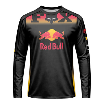 Red Bull Fox Black Red Long Sleeve Mountain Bike Jersey - front view mockup