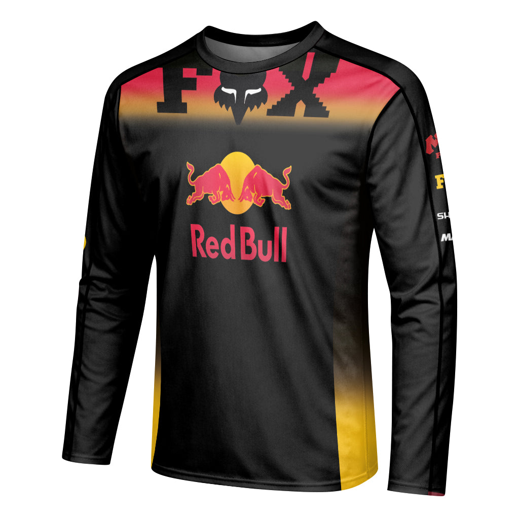 Red Bull Fox Black Red Long Sleeve Mountain Bike Jersey - left side mockup