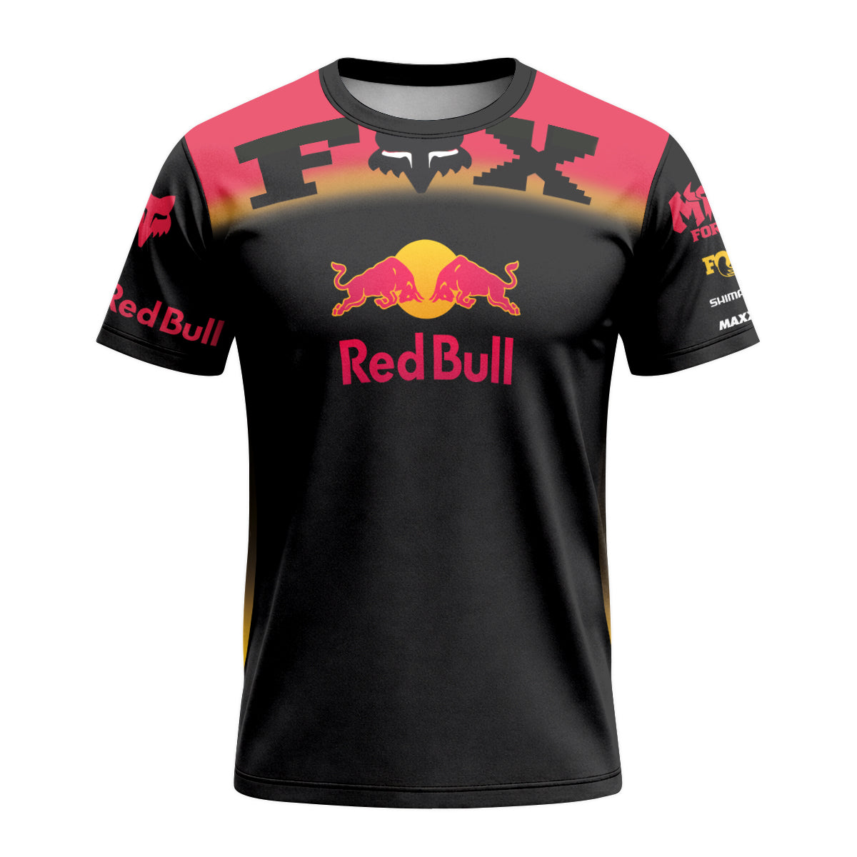 Red Bull Fox Black Red Short Sleeve Mountain Bike Jersey - front view mockup
