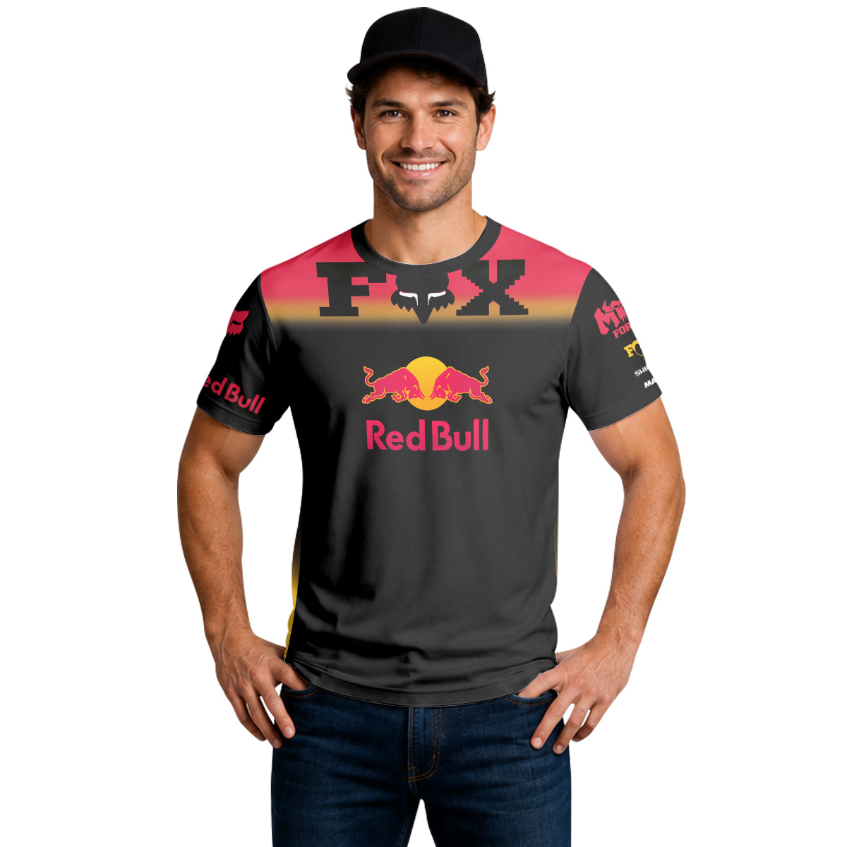 Red Bull Fox Black Red Short Sleeve Mountain Bike Jersey - lifestyle view