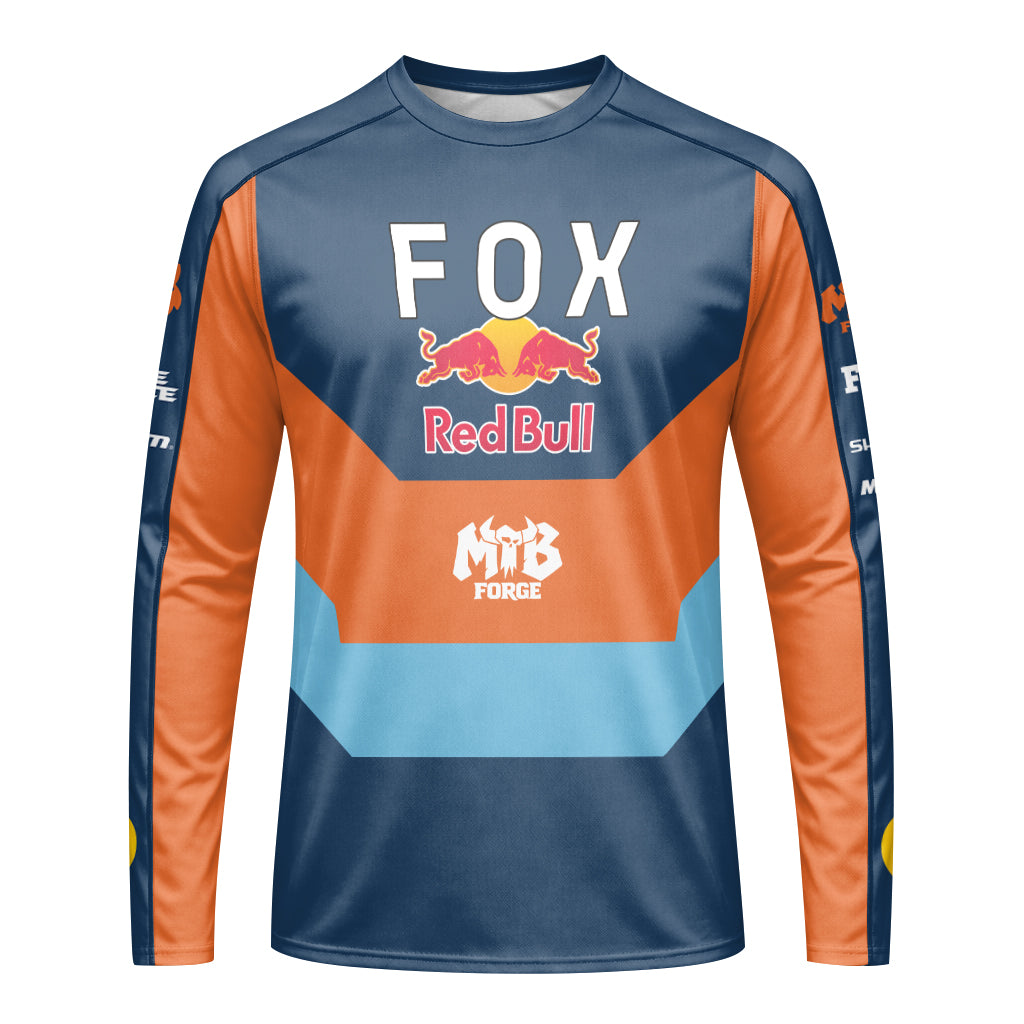 Red Bull Fox Blue Orange Long Sleeve Mountain Bike Jersey - front view mockup