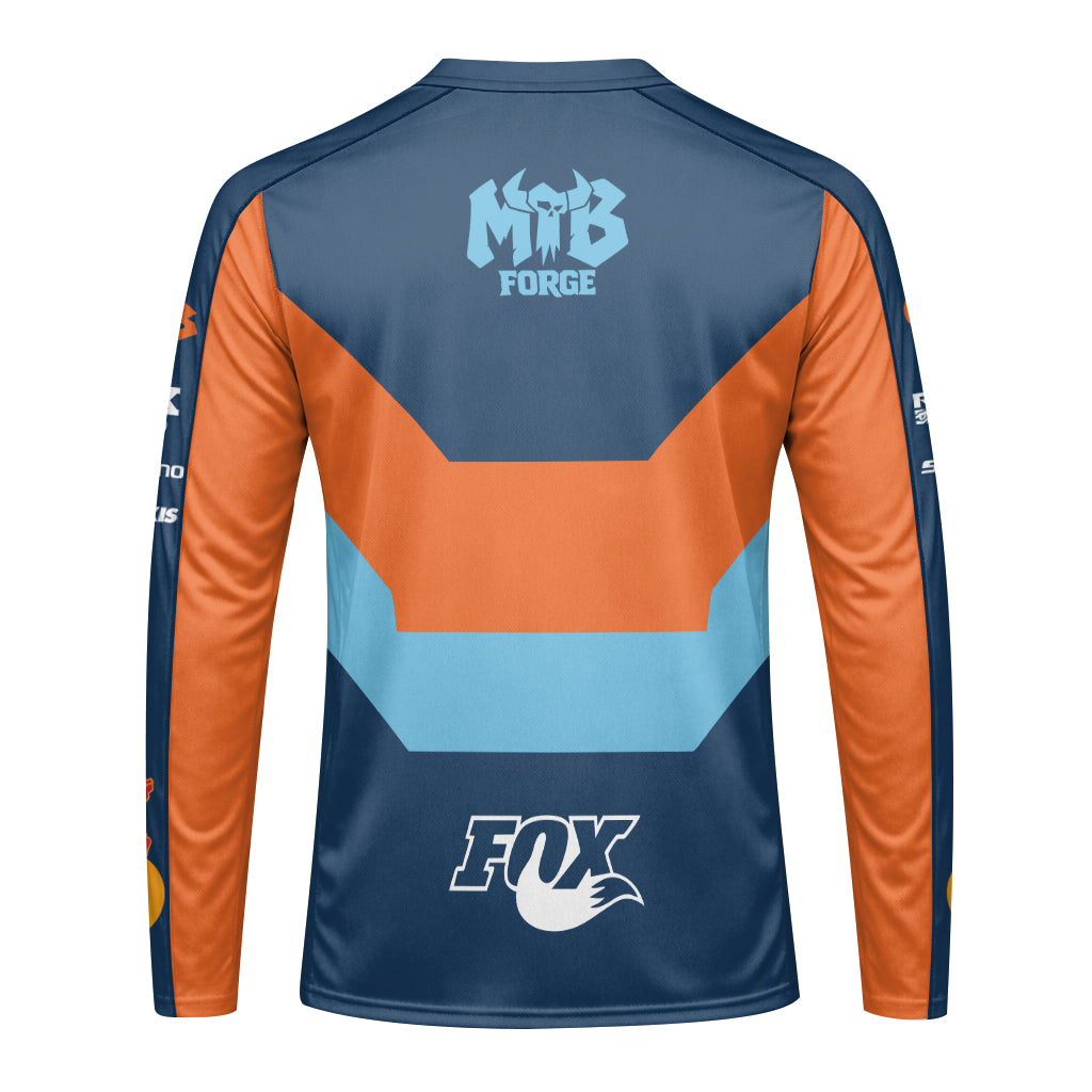 Red Bull Fox Blue Orange Long Sleeve Mountain Bike Jersey - back view mockup