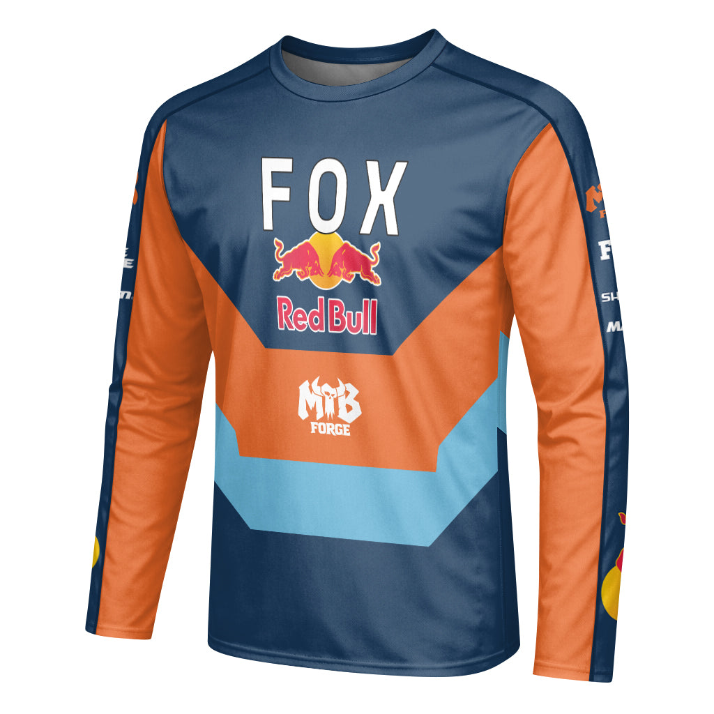 Red Bull Fox Blue Orange Long Sleeve Mountain Bike Jersey - left side mockup