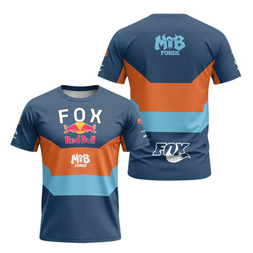 Red Bull Fox Blue Orange Short Sleeve Mountain Bike Jersey - front and back view